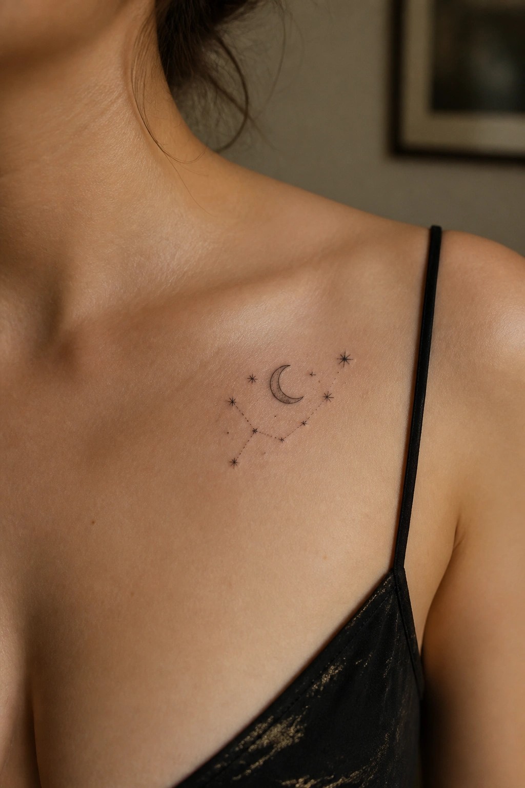 Crescent moon and constellation tattoo on shoulder beside black spaghetti strap