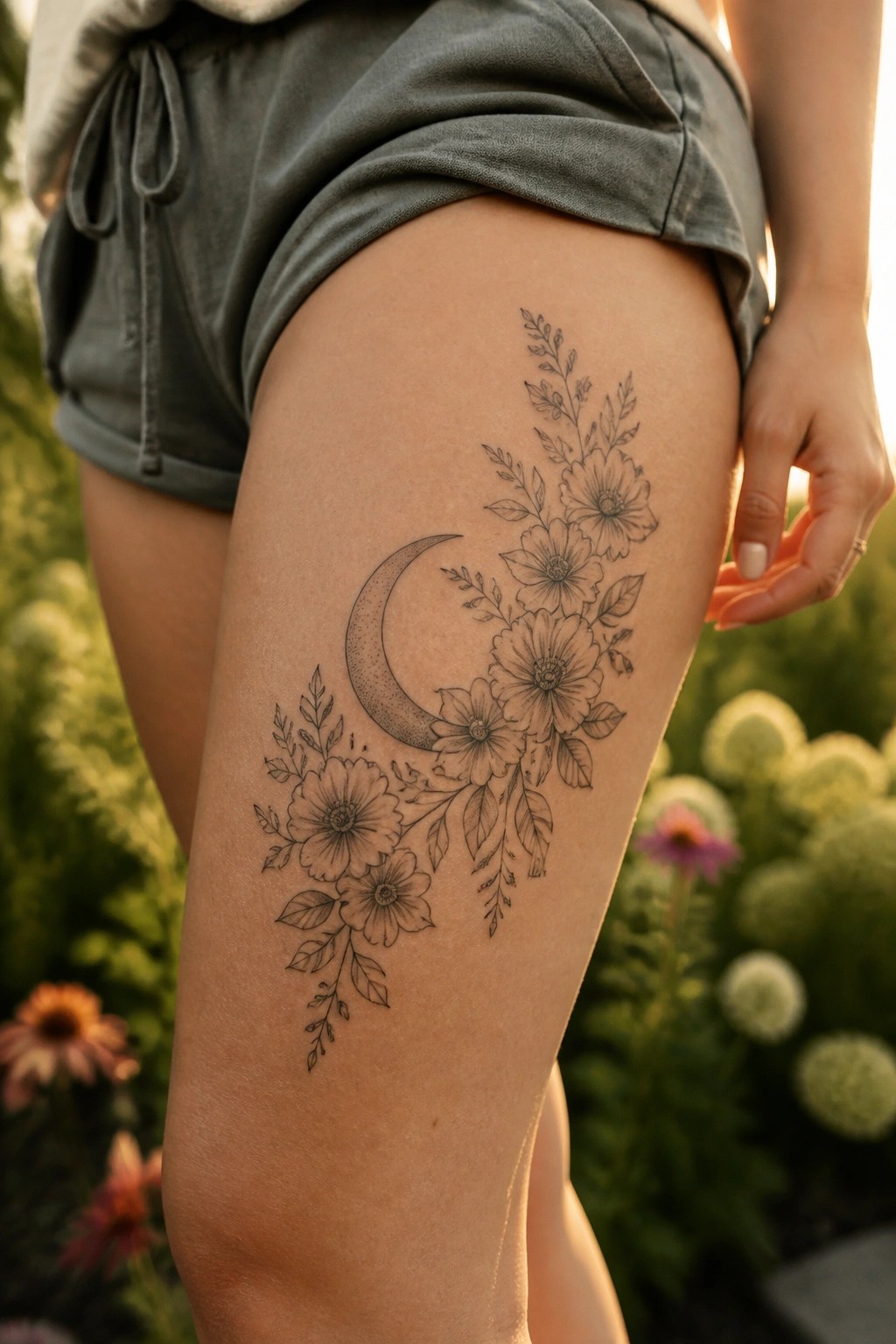 Fine line crescent moon tattoo with surrounding flowers and leaves on the upper thigh.