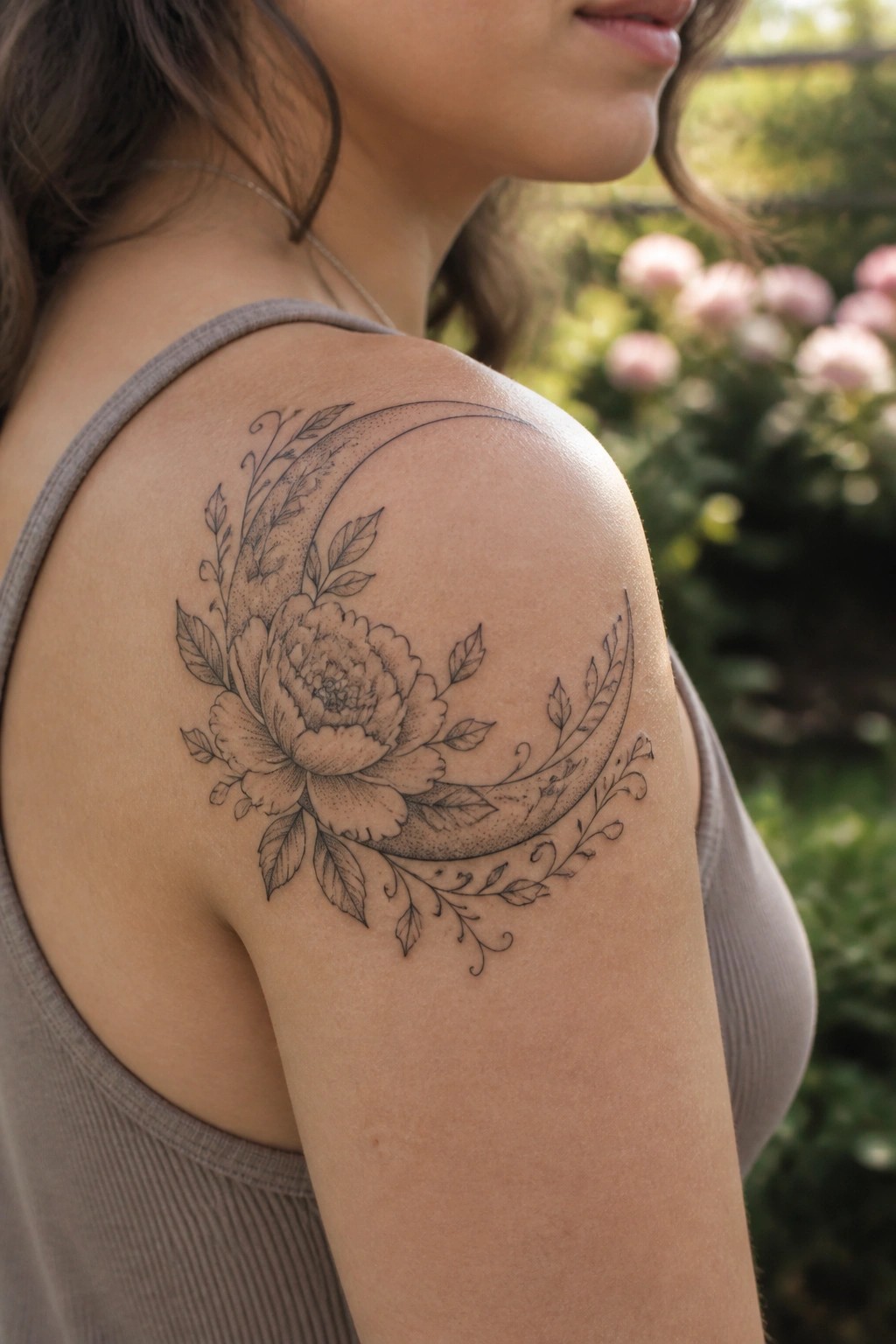Woman's shoulder with crescent moon and peony tattoo on gray tank top outdoors