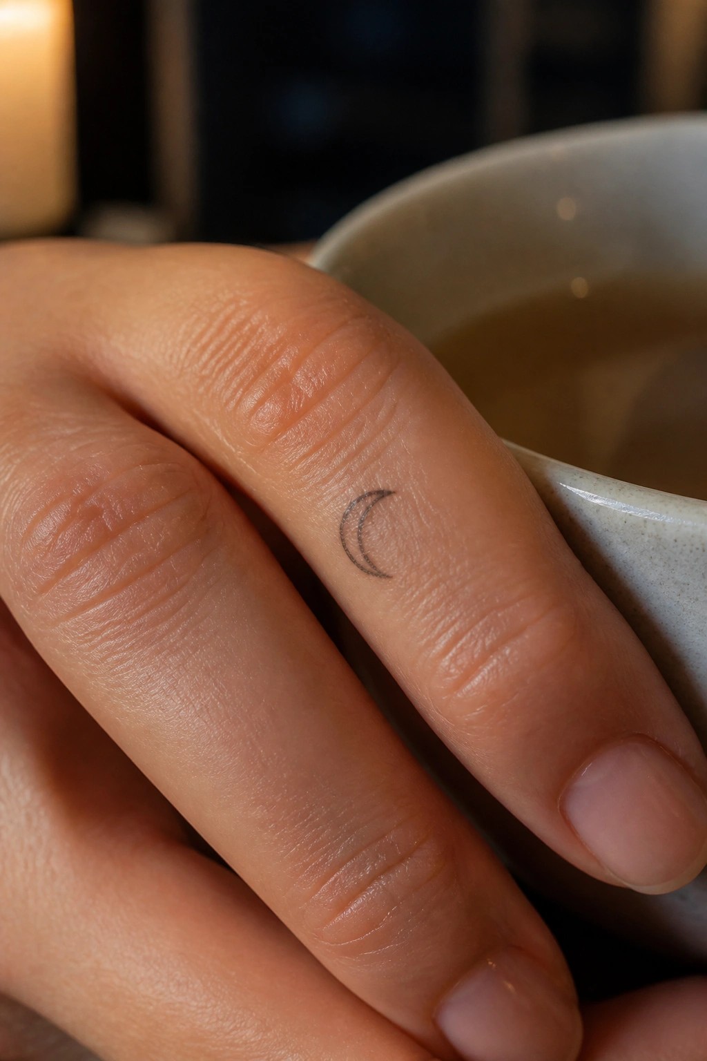 Hand with small crescent moon tattoo on finger beside ceramic cup.