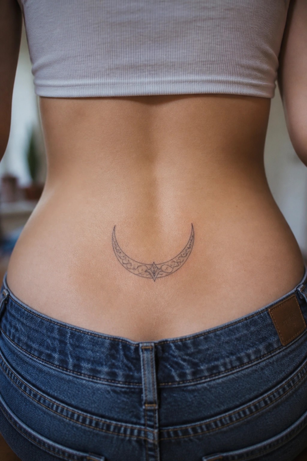 Fine line crescent moon tattoo with delicate swirls placed on the lower back above the waistband of jeans.