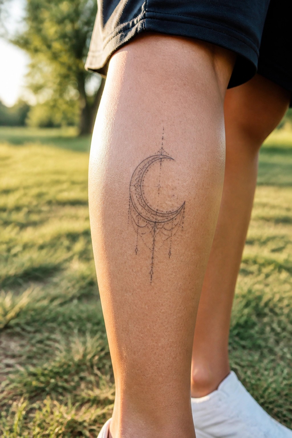 Fine line crescent moon tattoo with dangling details on the upper thigh.