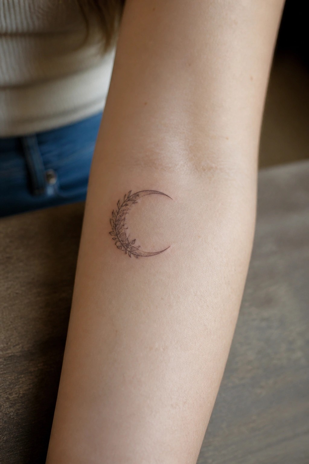 Fine line crescent moon tattoo with delicate flowers along one side, placed on the inner forearm.