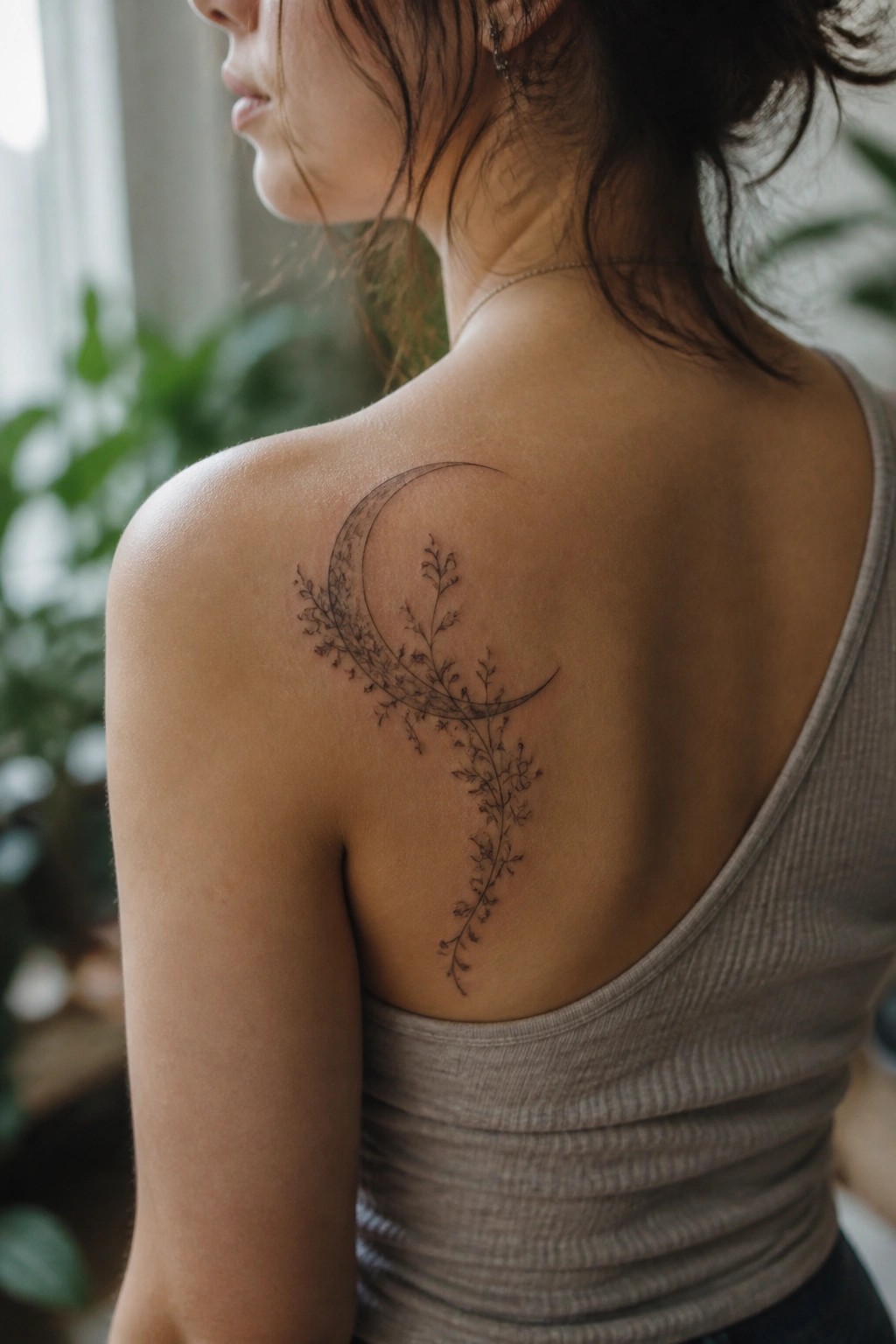 Fine line crescent moon tattoo with floral vines trailing down a woman's upper back and shoulder
