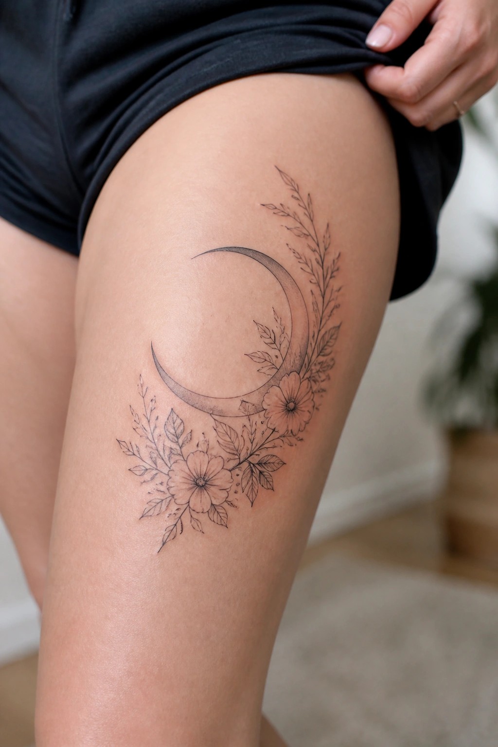 Crescent moon tattoo with flowers and leaves on thigh under black shorts