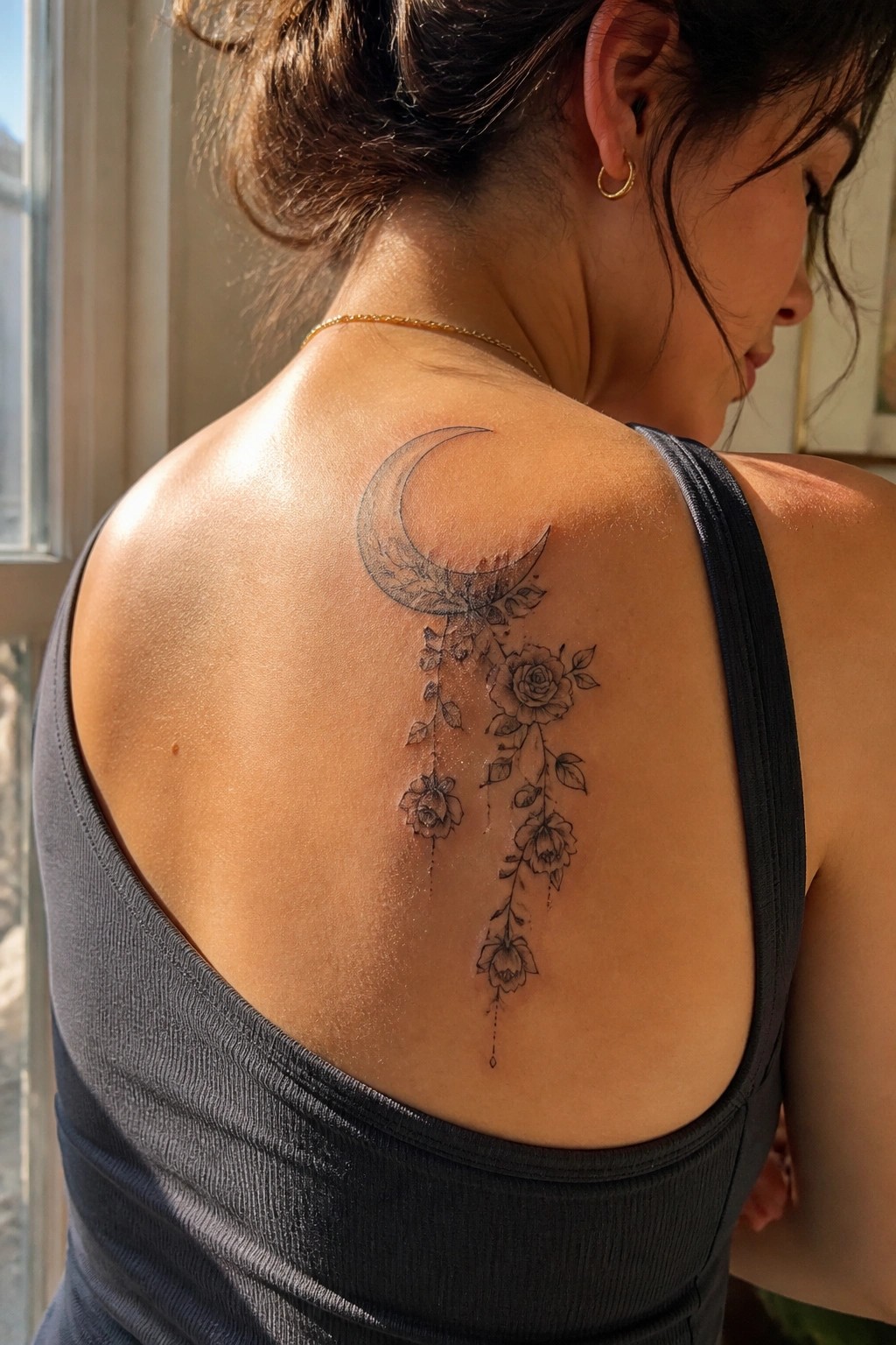 Fine line crescent moon tattoo with hanging roses on a woman's upper back shoulder blade.