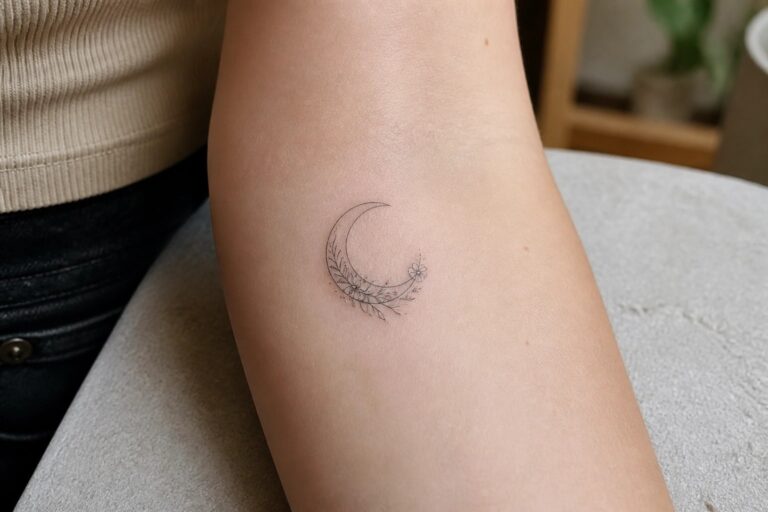 25 Fine Line Moon Tattoo Ideas for Women With Soft Feminine Detail Fine line crescent moon tattoo with delicate flowers along one side, placed on the inner forearm.