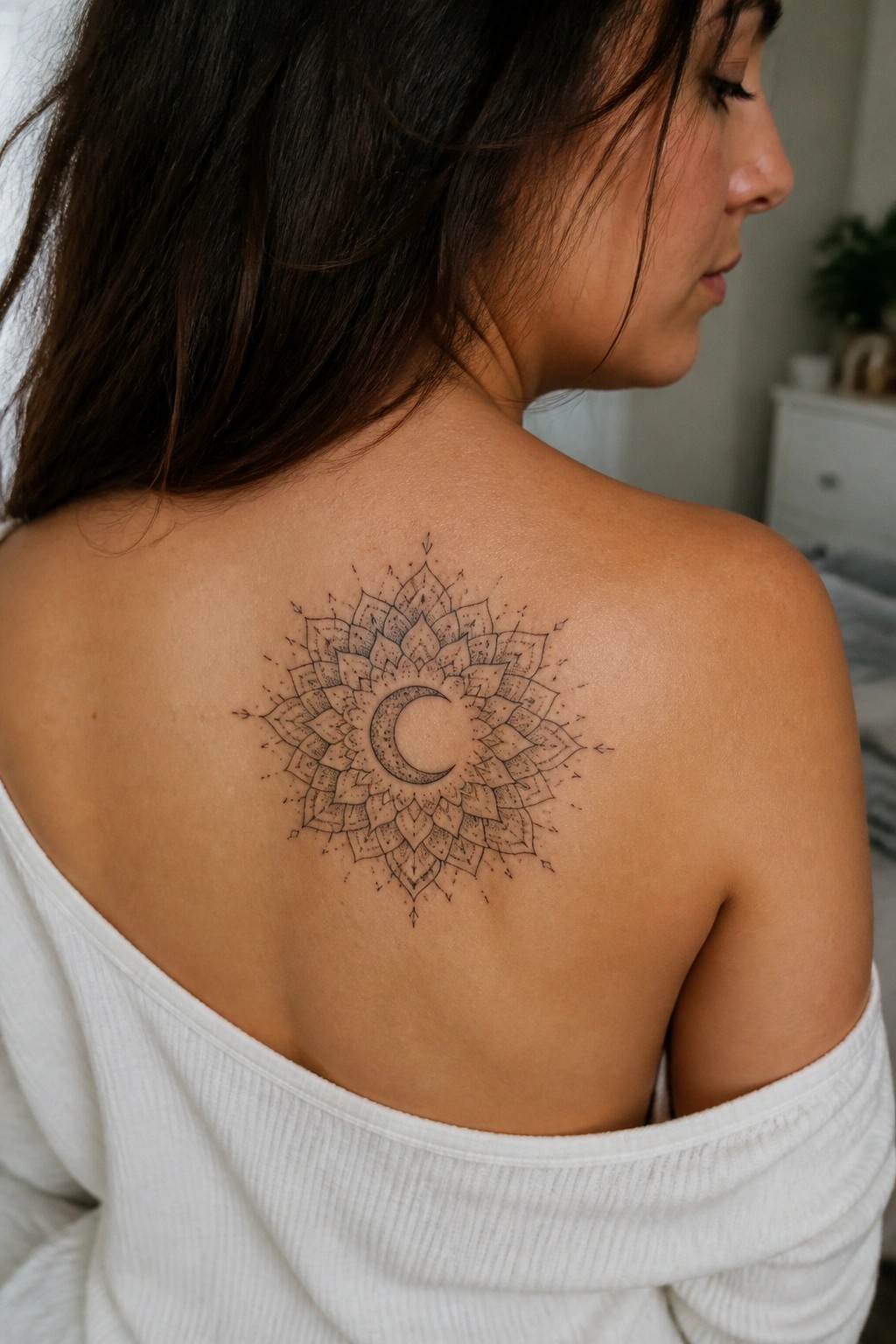 Woman in white off-shoulder top with crescent moon mandala tattoo on back