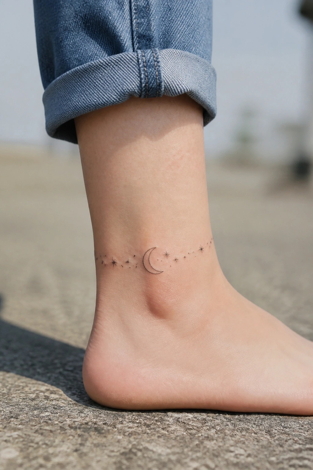 Bare ankle with crescent moon and stars tattoo under rolled blue jeans