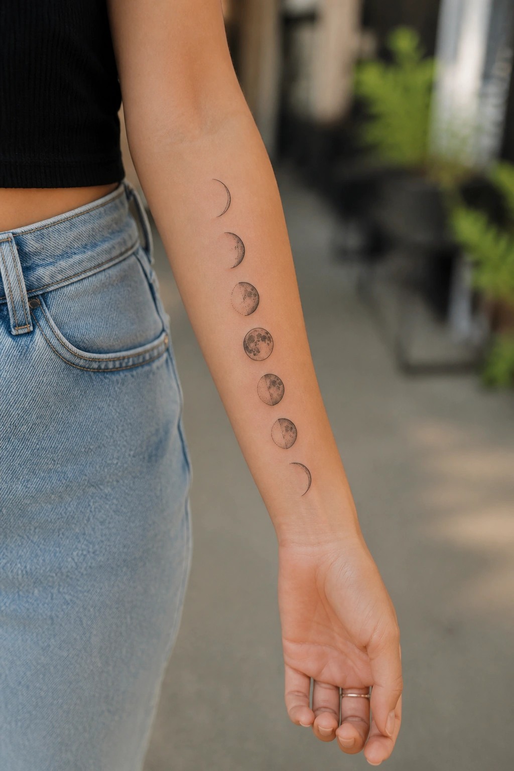 Fine line moon phase tattoo in a vertical row on the inner forearm showing the full lunar cycle from crescent to full moon.