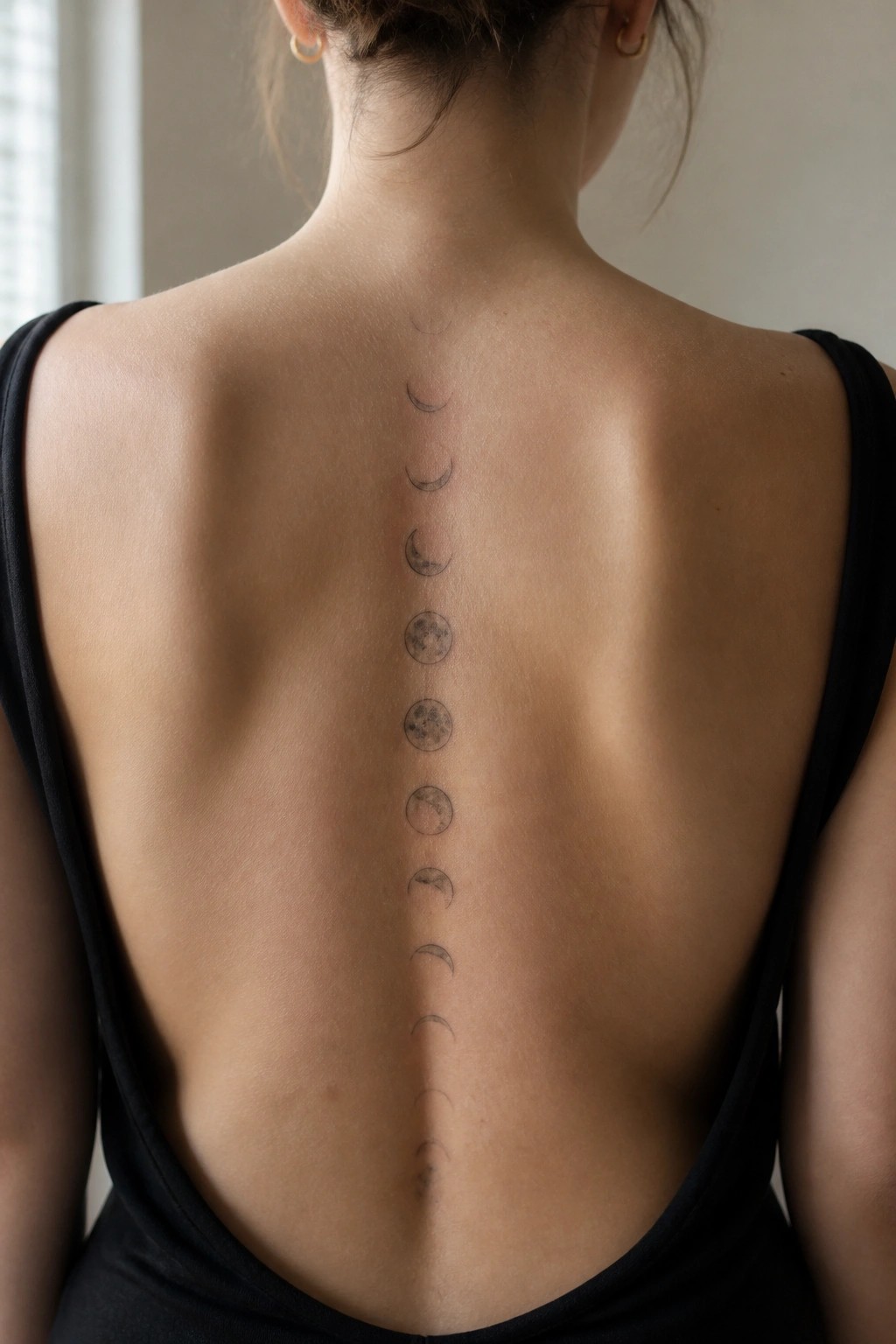 Woman's back with vertical moon phase tattoo along spine in black top