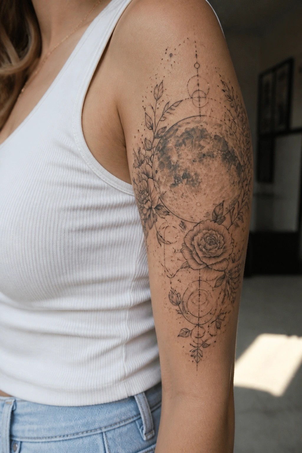 Woman's upper arm moon tattoo with roses, leaves, geometric lines, white tank top.