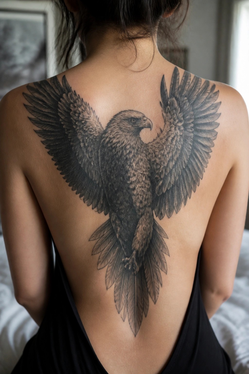 Large eagle tattoo with spread wings across a woman's upper back in black top