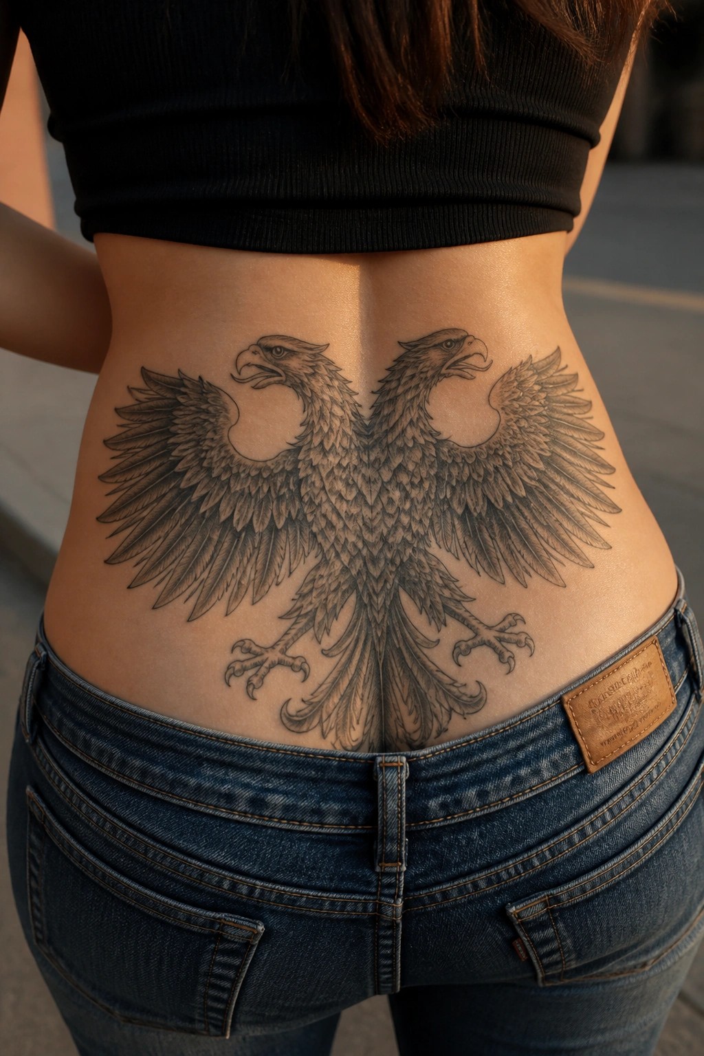 Realistic black and grey tattoo of a double headed eagle with spread wings on a woman's lower back above the waistband of jeans.