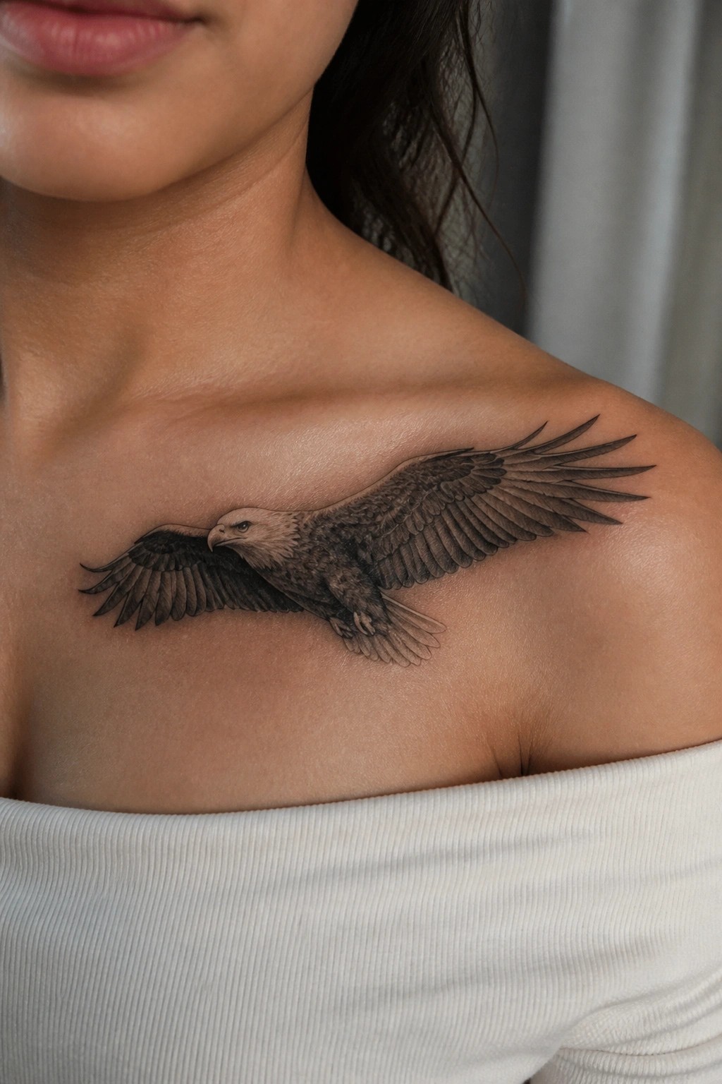 Detailed black-and-gray eagle tattoo on shoulder above white off-shoulder top