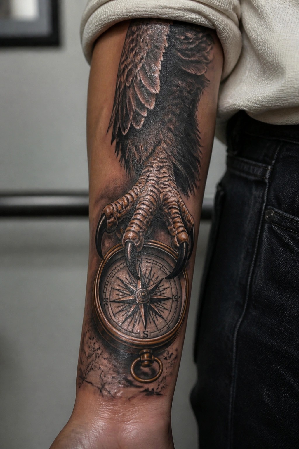 Realistic eagle claw tattoo gripping compass on forearm in brown tones.
