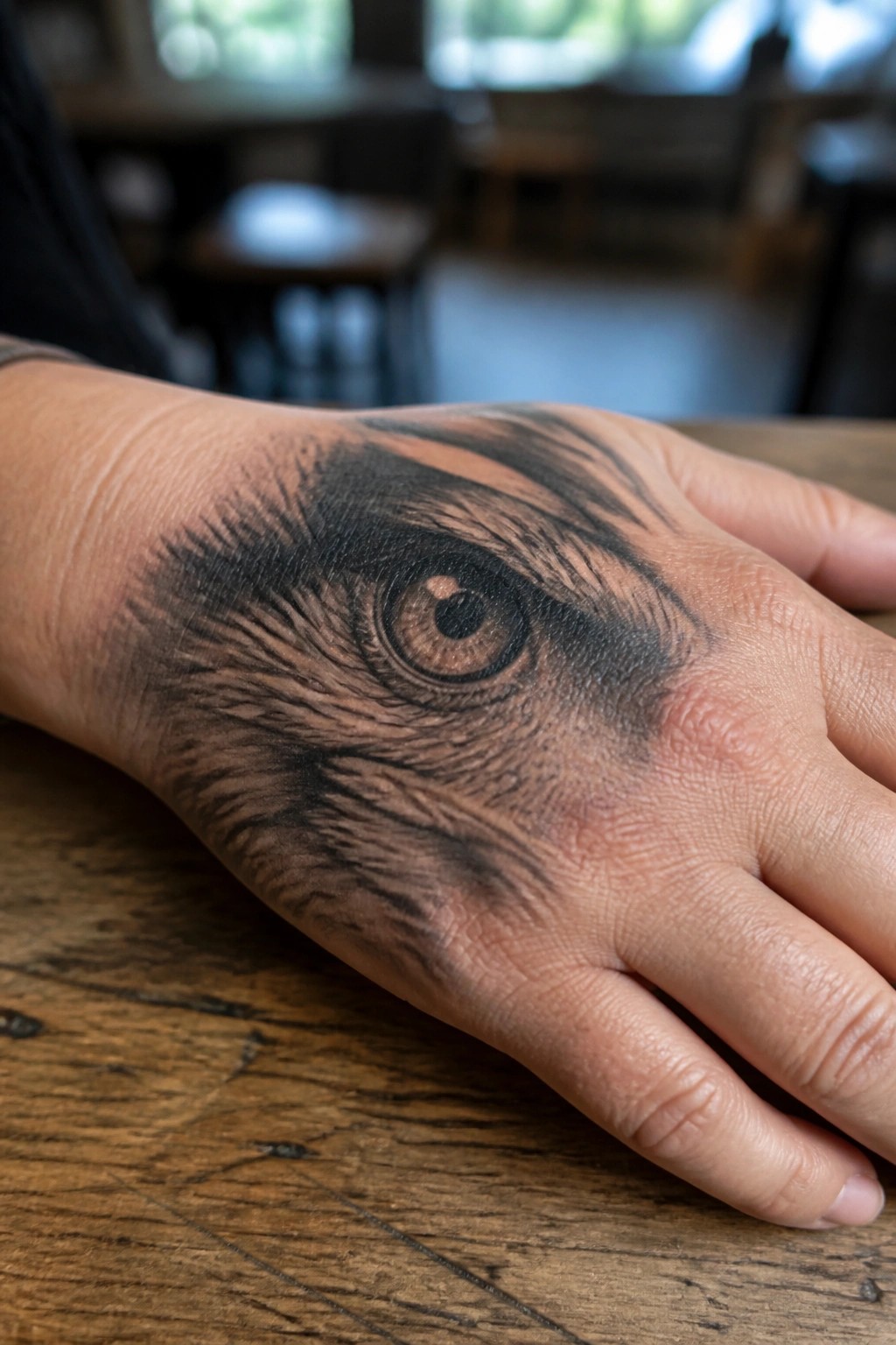 Hand with realistic animal eye tattoo resting on wooden table