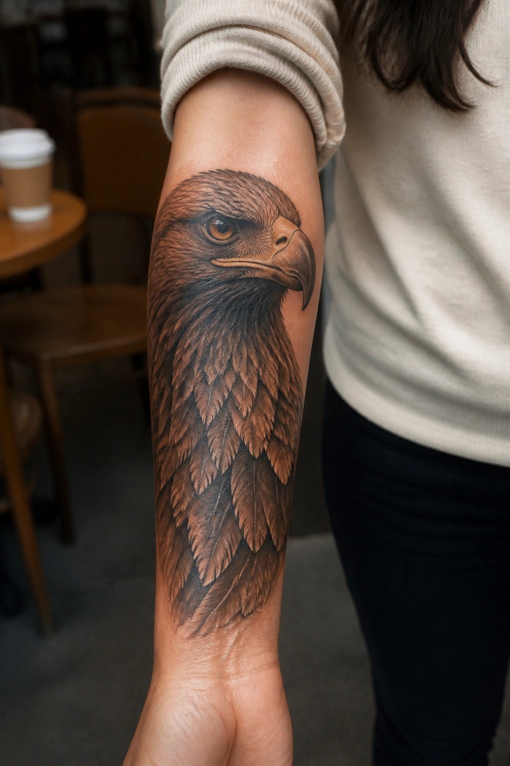 Realistic brown eagle tattoo on forearm in beige sweater near coffee cup.