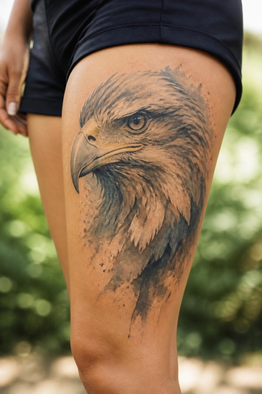 Realistic eagle head tattoo on a woman's upper thigh showing detailed feathers and shading.