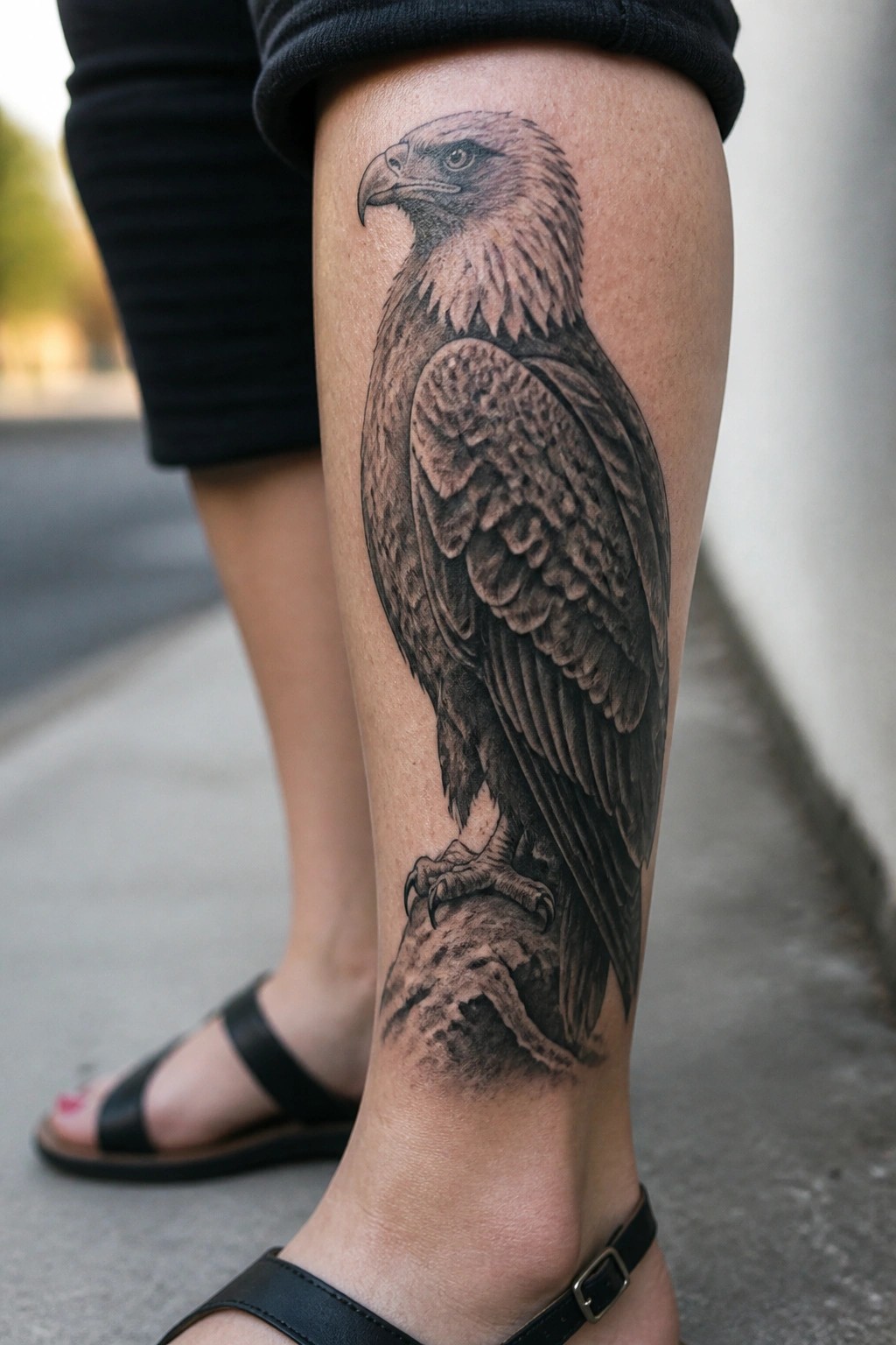 Detailed black-and-gray eagle tattoo on lower leg above black sandals and shorts