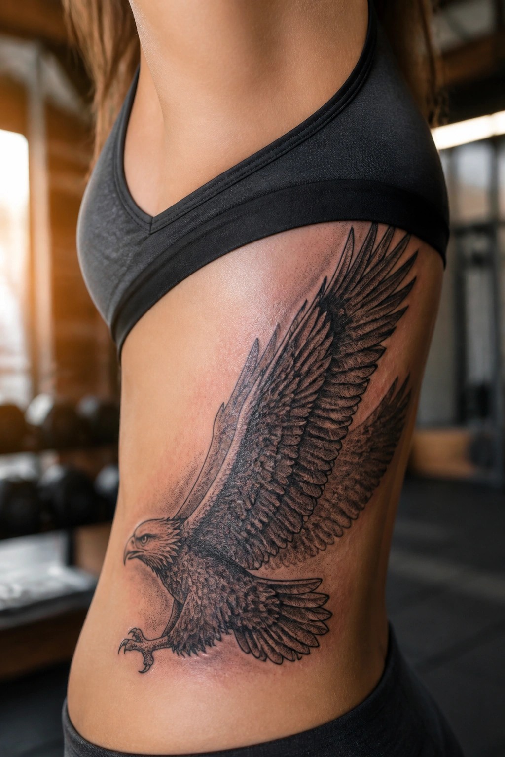 Woman's side with large eagle tattoo under black sports bra in gym