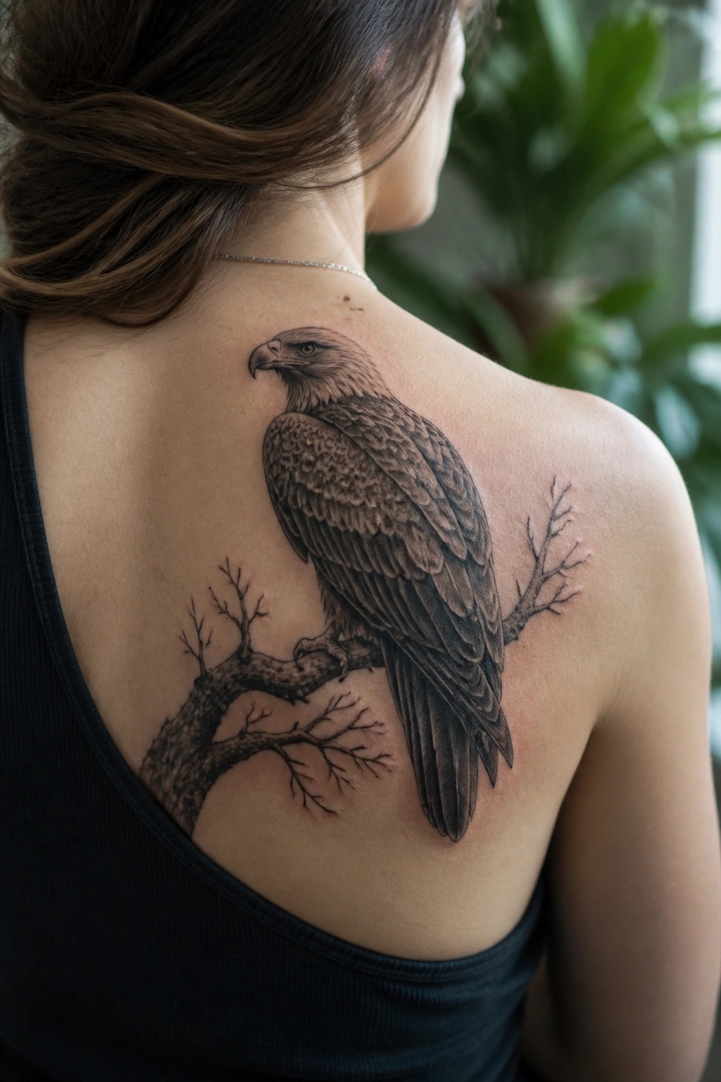 Woman's shoulder tattoo of eagle perched on tree branch, black tank top.