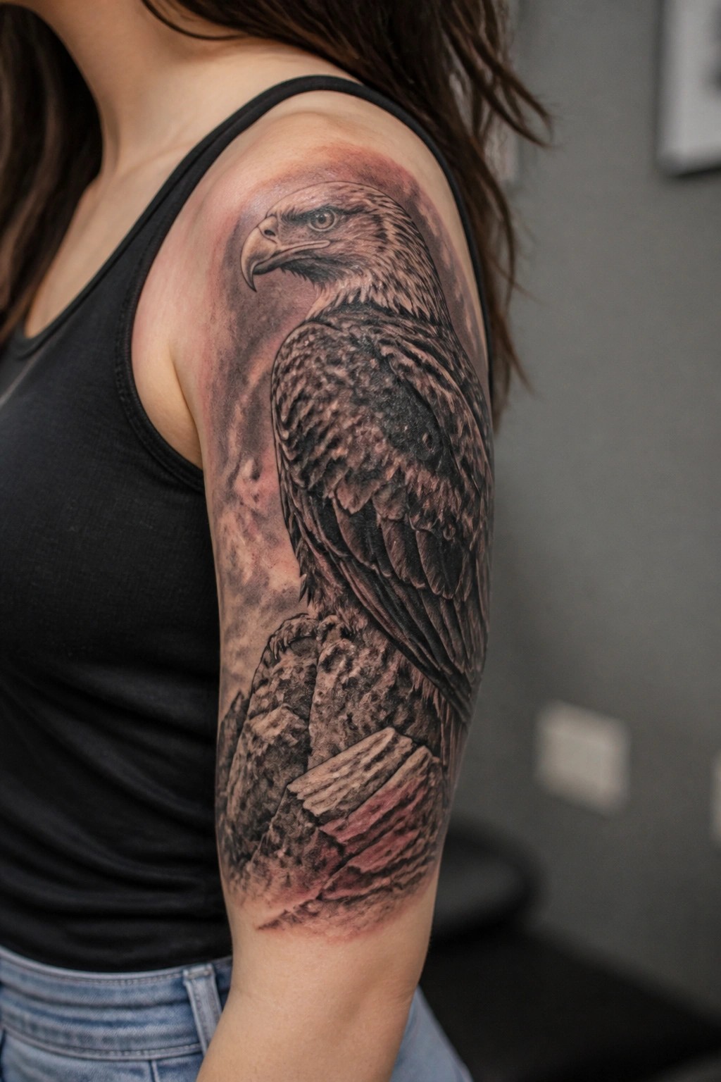 Woman in black tank top with large eagle tattoo on upper arm