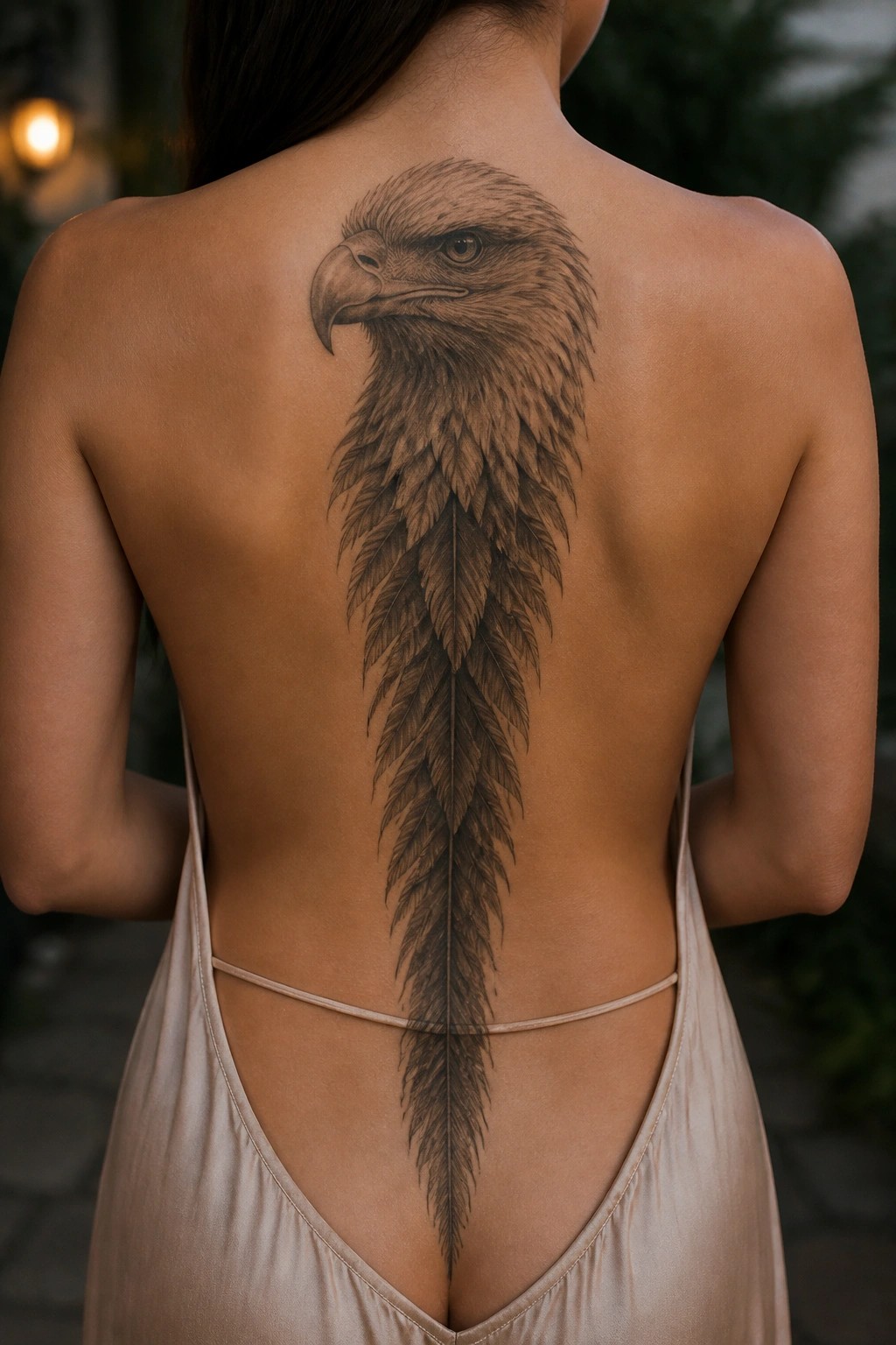 Woman's back with large eagle tattoo above backless beige dress.