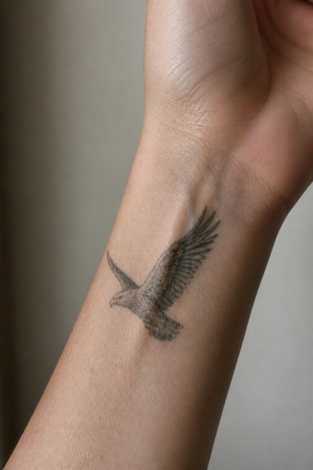 Realistic black and gray eagle tattoo in flight positioned on the inner forearm.