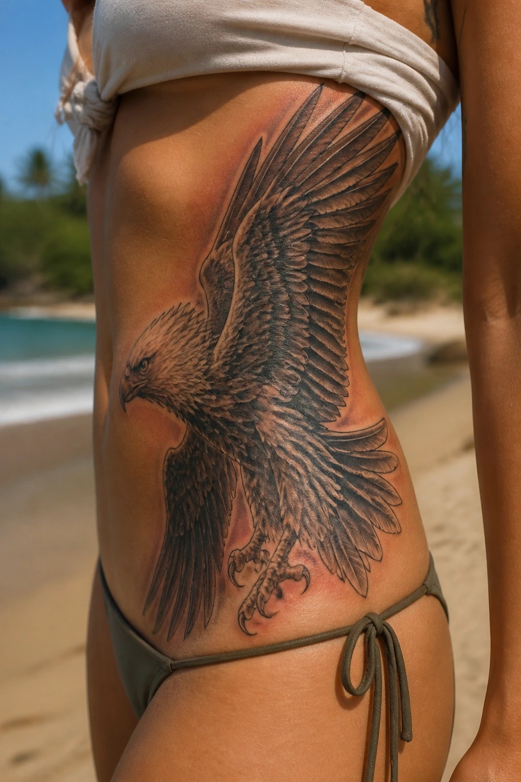 Realistic black and grey eagle tattoo on a woman's side torso with wings spread and detailed feathers.