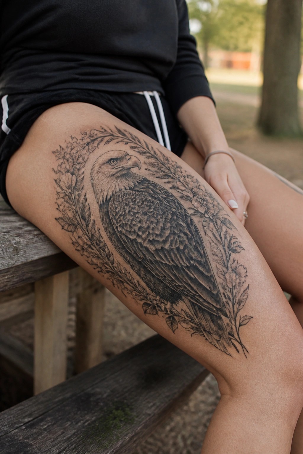 Large eagle tattoo with flowers on thigh of person in black shorts on bench