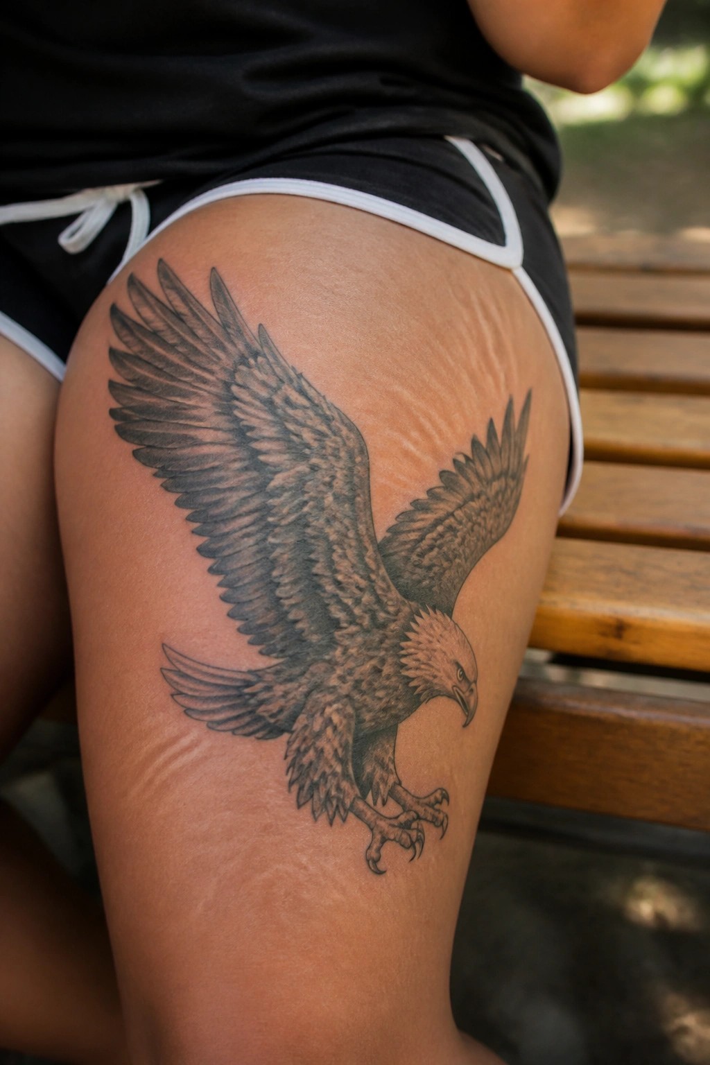 Realistic black and gray eagle tattoo with spread wings on a woman's thigh.
