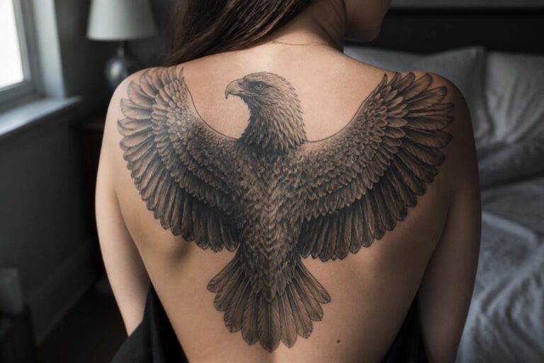25 Realistic Eagle Tattoo Ideas for Women With Incredible Detail Large eagle tattoo with spread wings across a woman's upper back in black top