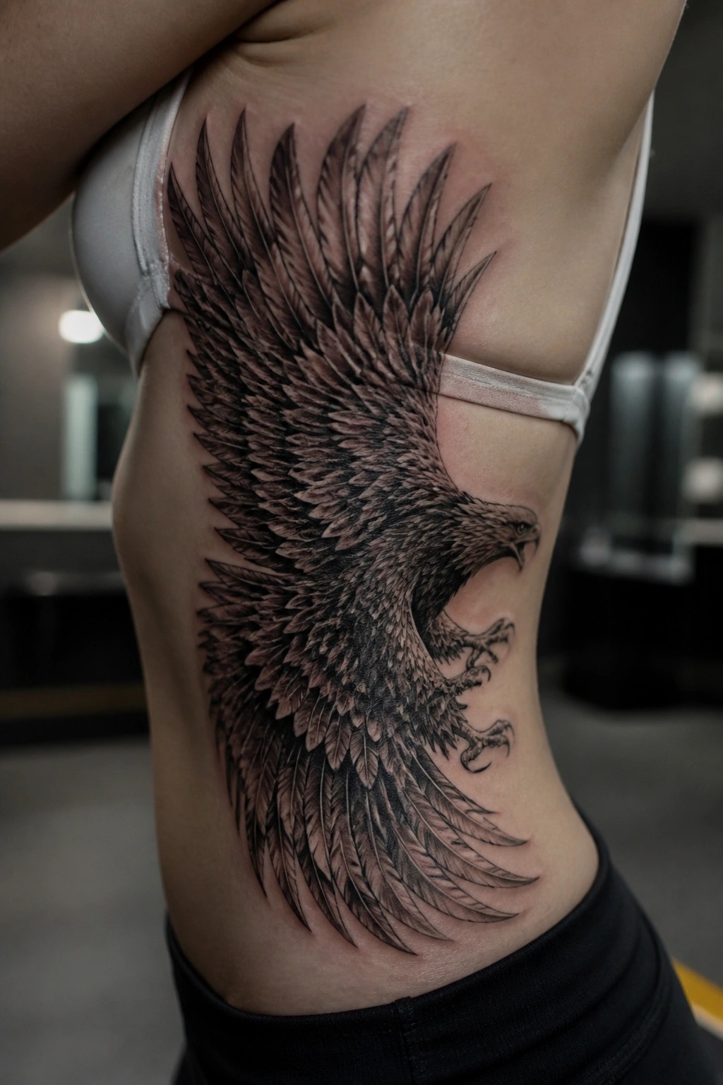 Large detailed black-and-gray eagle tattoo with spread wings on woman's side torso.