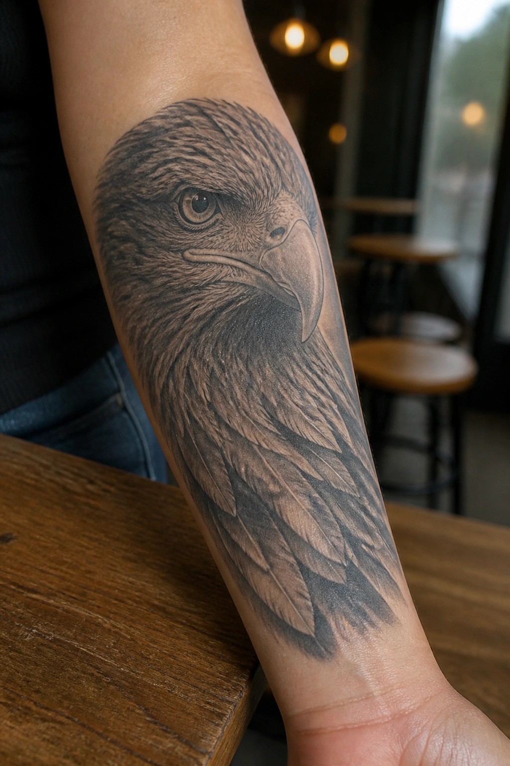 Black and grey realistic eagle head tattoo on a woman's inner forearm showing detailed feathers in profile view.
