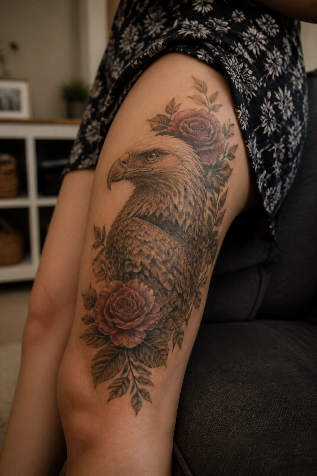 Realistic eagle tattoo on a woman's thigh with surrounding roses and leaves in black and gray shading.