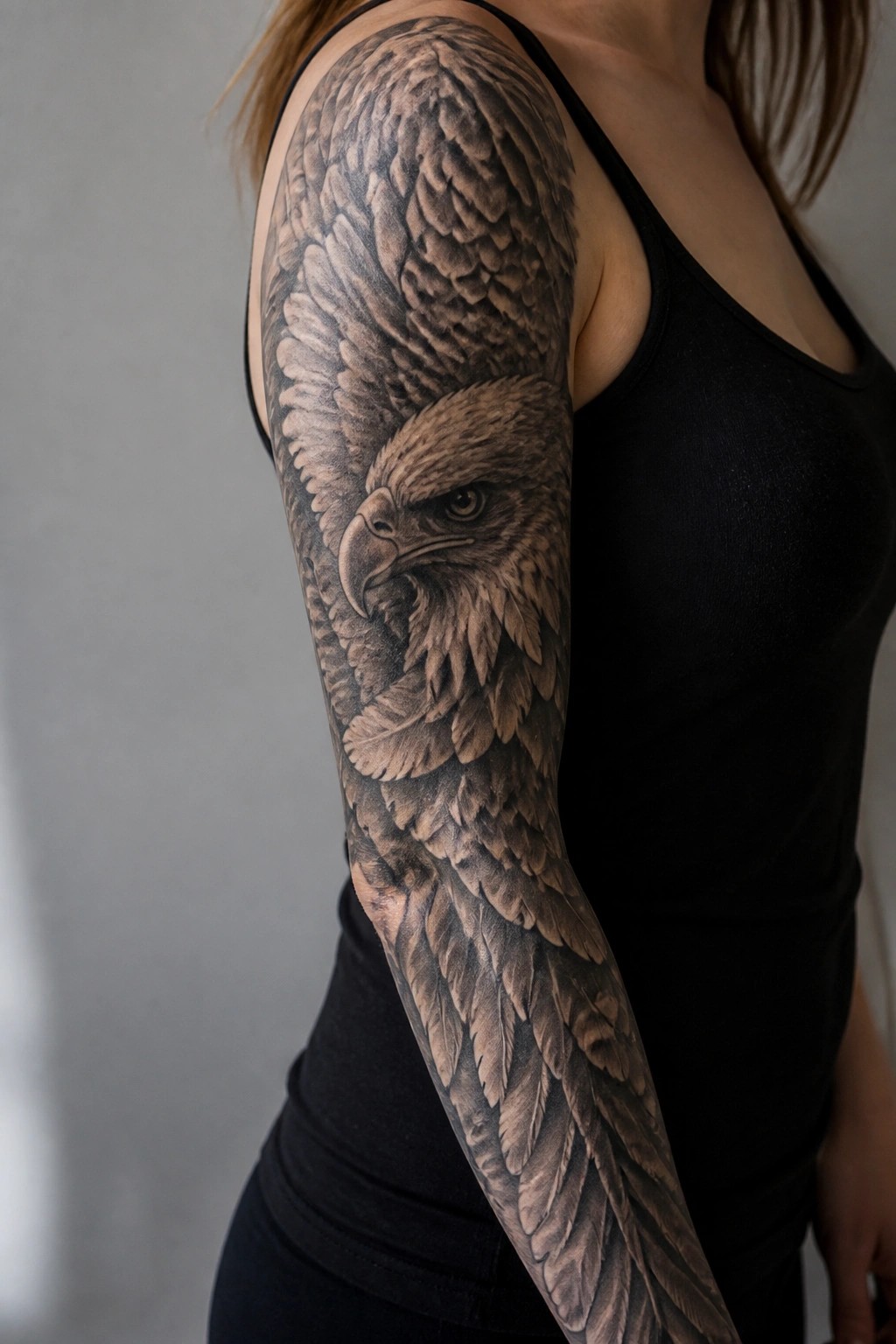 Woman's arm in black tank top with realistic eagle tattoo in grayscale.