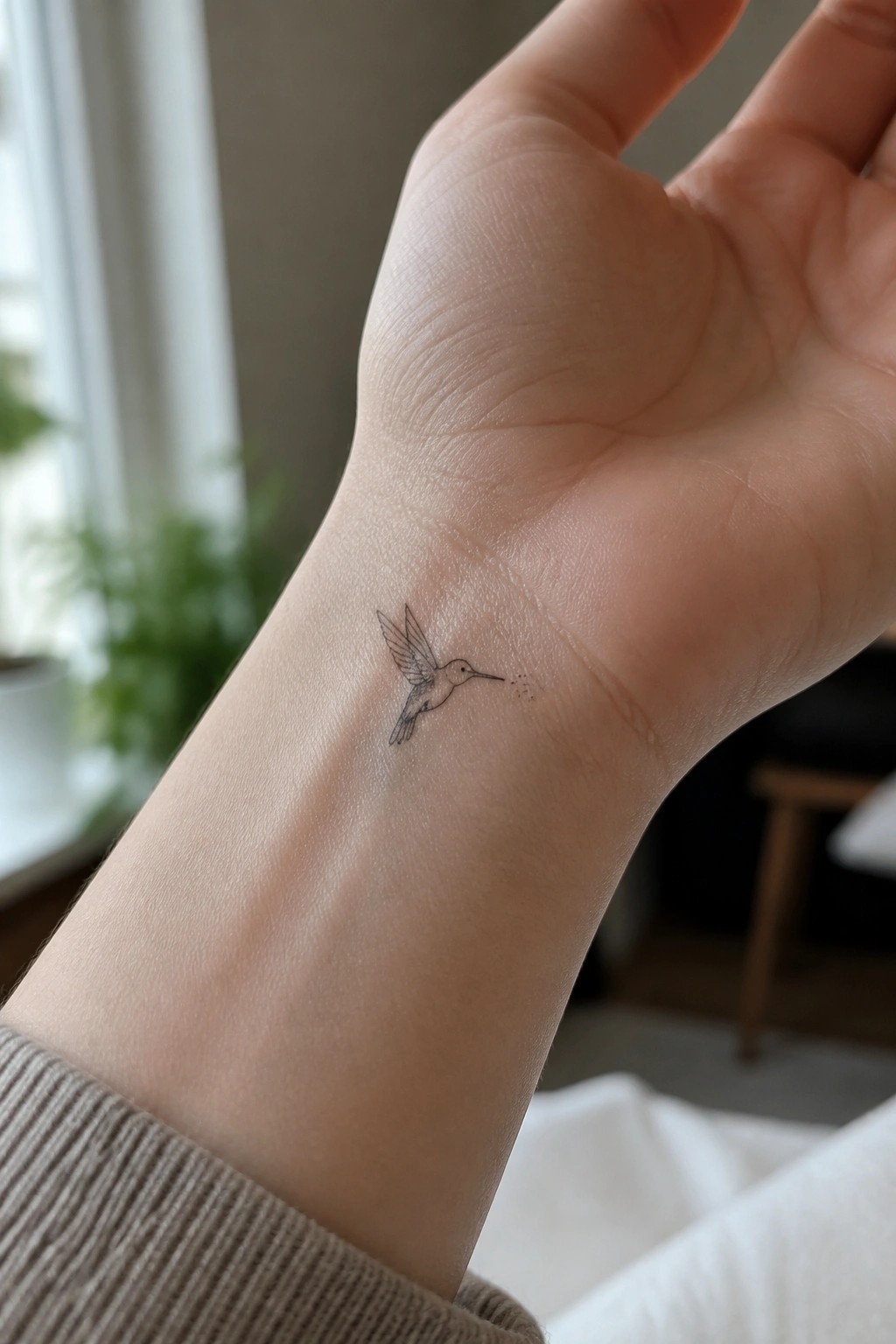 Hand with delicate hummingbird tattoo on inner wrist, beige ribbed sweater sleeve visible.