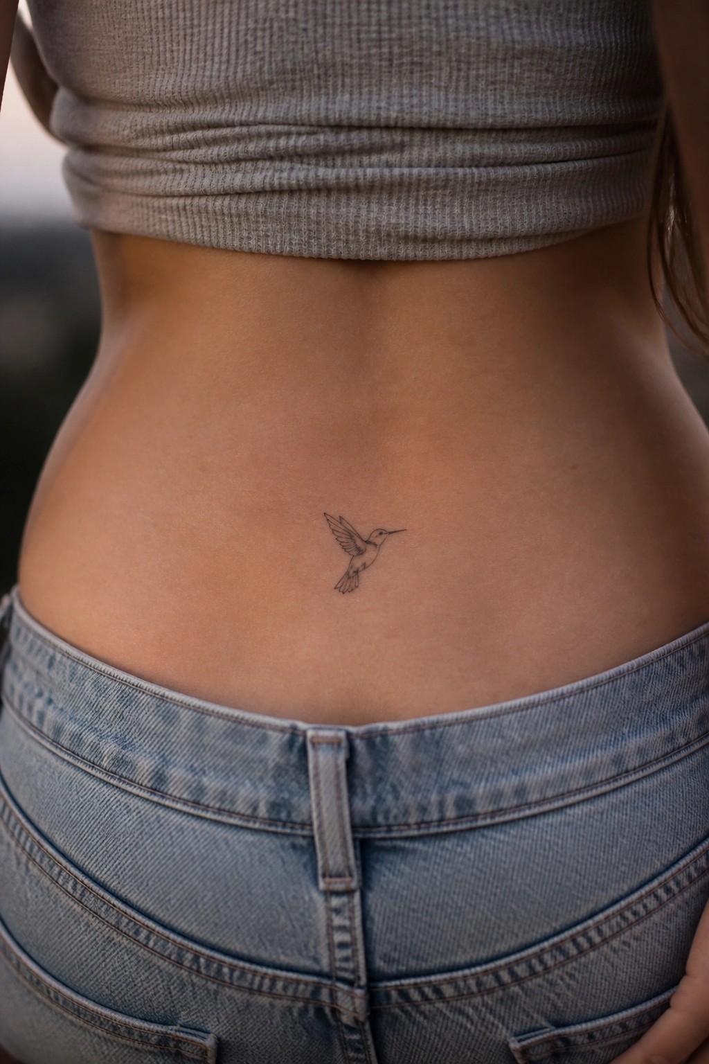 Small hummingbird tattoo on lower back above blue jeans and gray crop top