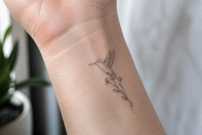18 Adorable Small Hummingbird Tattoo Ideas in Fine Line Styles Delicate hummingbird tattoo with floral vine on light-skinned wrist