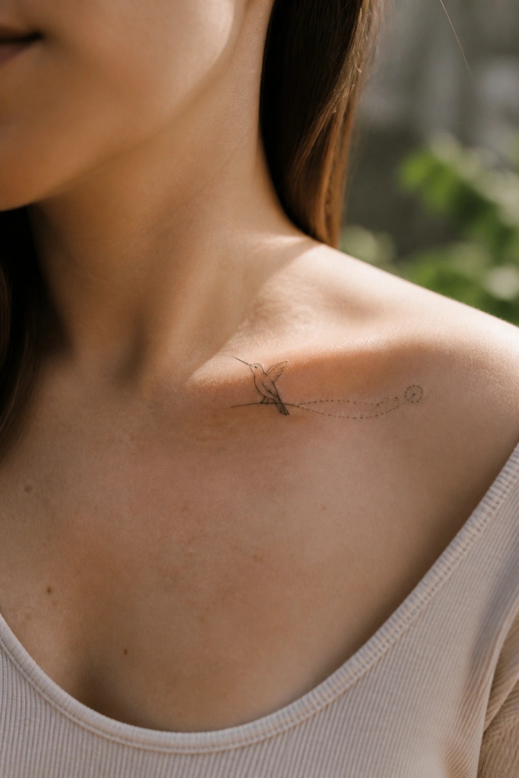 Fine line hummingbird tattoo on the collarbone showing a bird on a branch with a dotted trail to a circle.