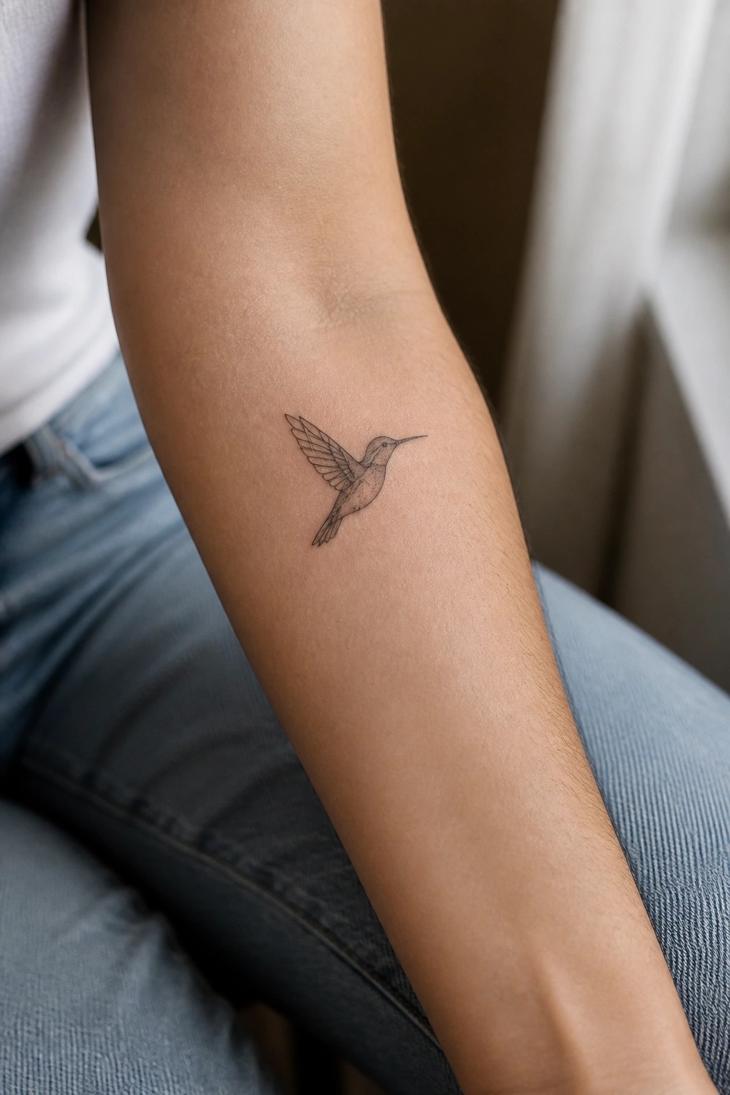 Minimalist black hummingbird tattoo on forearm of person in white shirt and blue jeans.