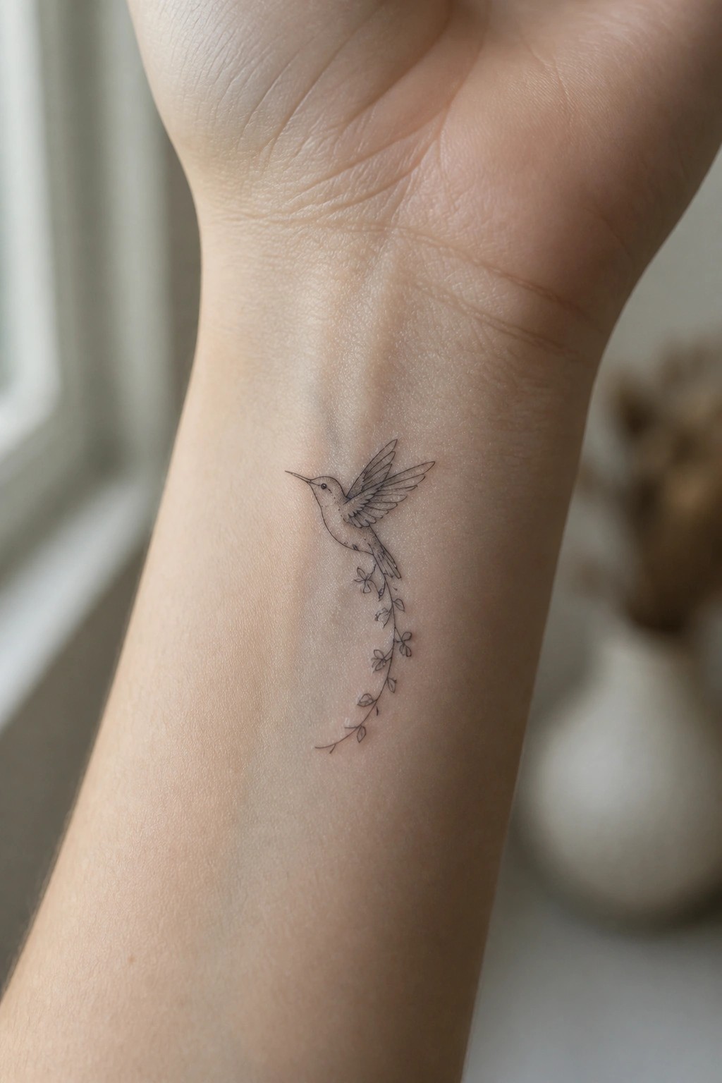 Delicate hummingbird tattoo with floral vine on light-skinned wrist
