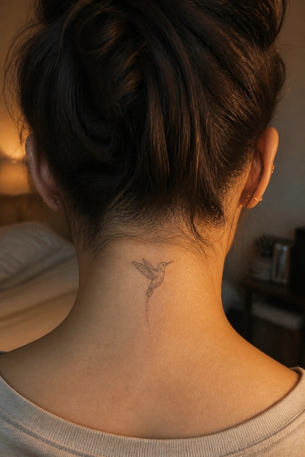 Woman's neck with small hummingbird tattoo, dark hair in bun, light shirt.