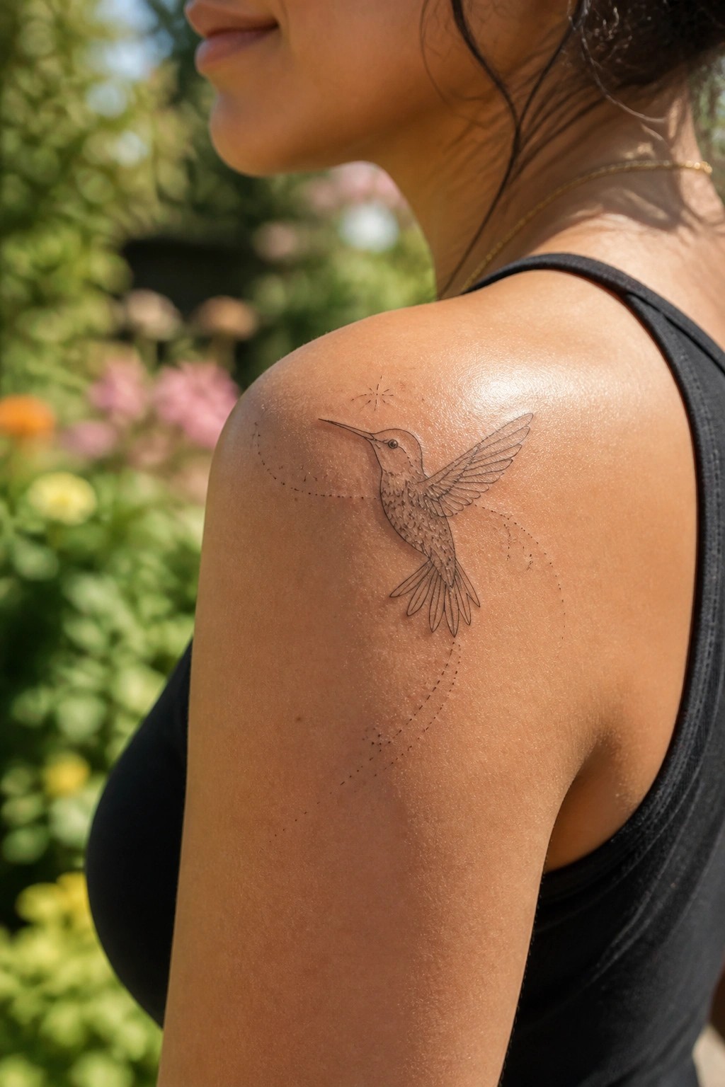 Fine line hummingbird tattoo on the shoulder showing the bird in flight with dotted motion lines