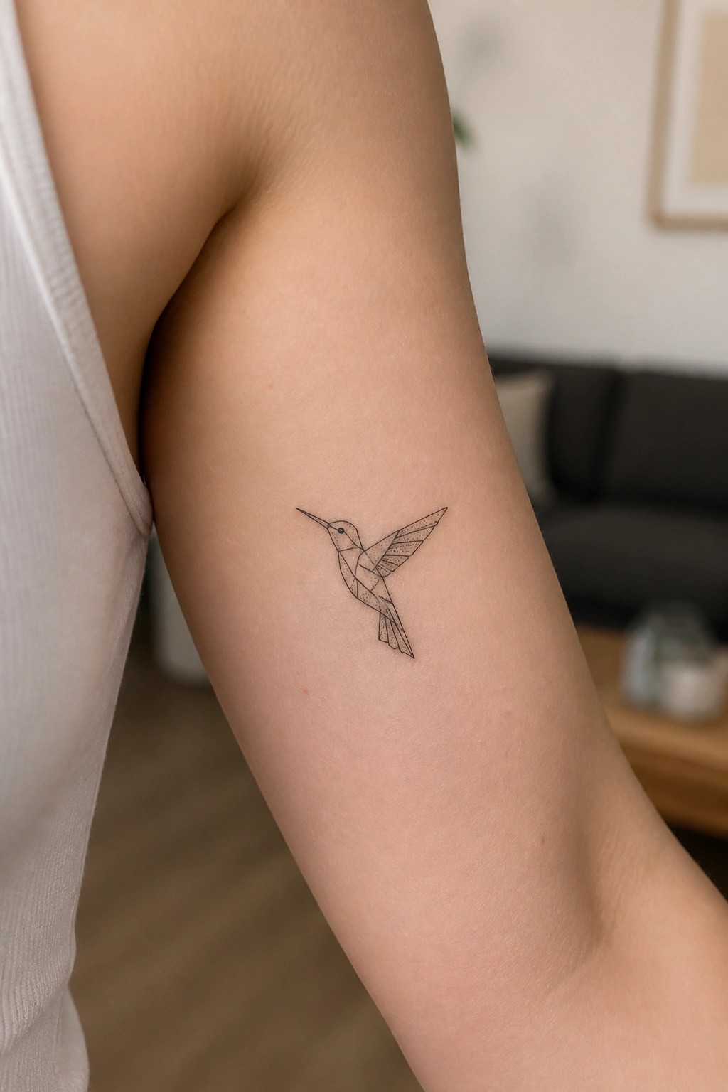Geometric hummingbird tattoo on upper arm of person in white top