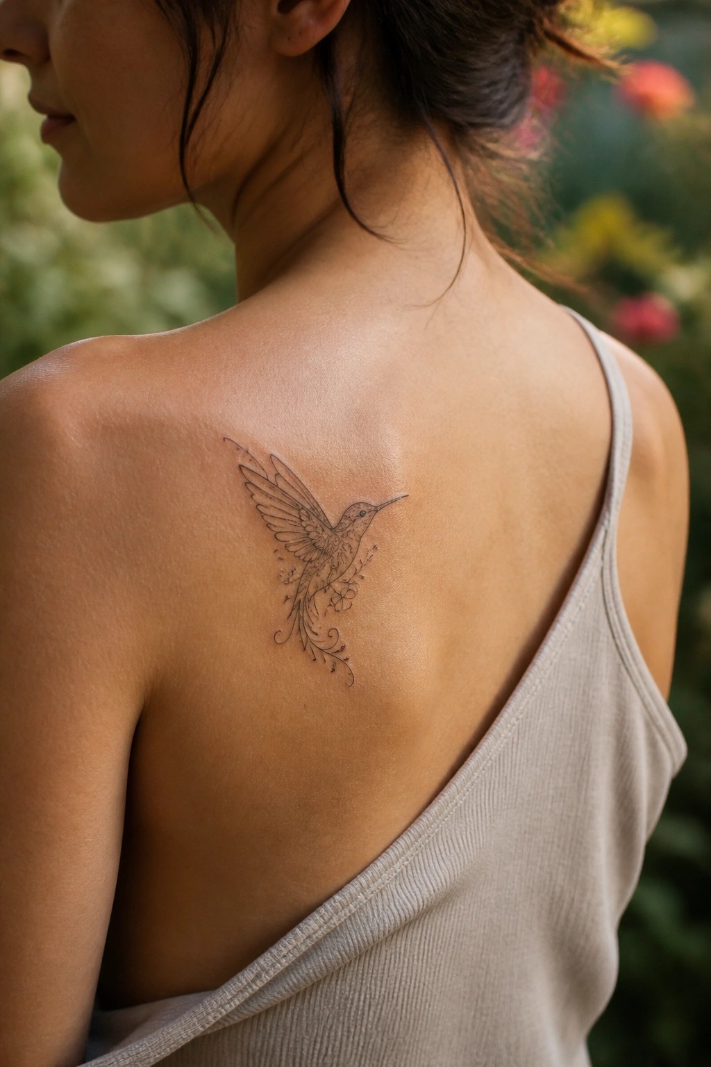 Woman's upper back with hummingbird tattoo above beige tank top strap outdoors.