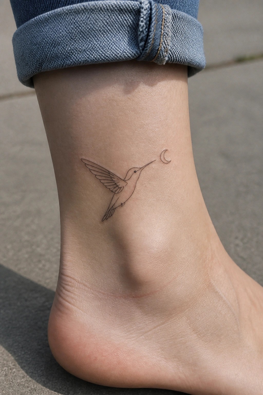 Minimalist hummingbird and crescent moon tattoo on ankle below rolled blue jeans.