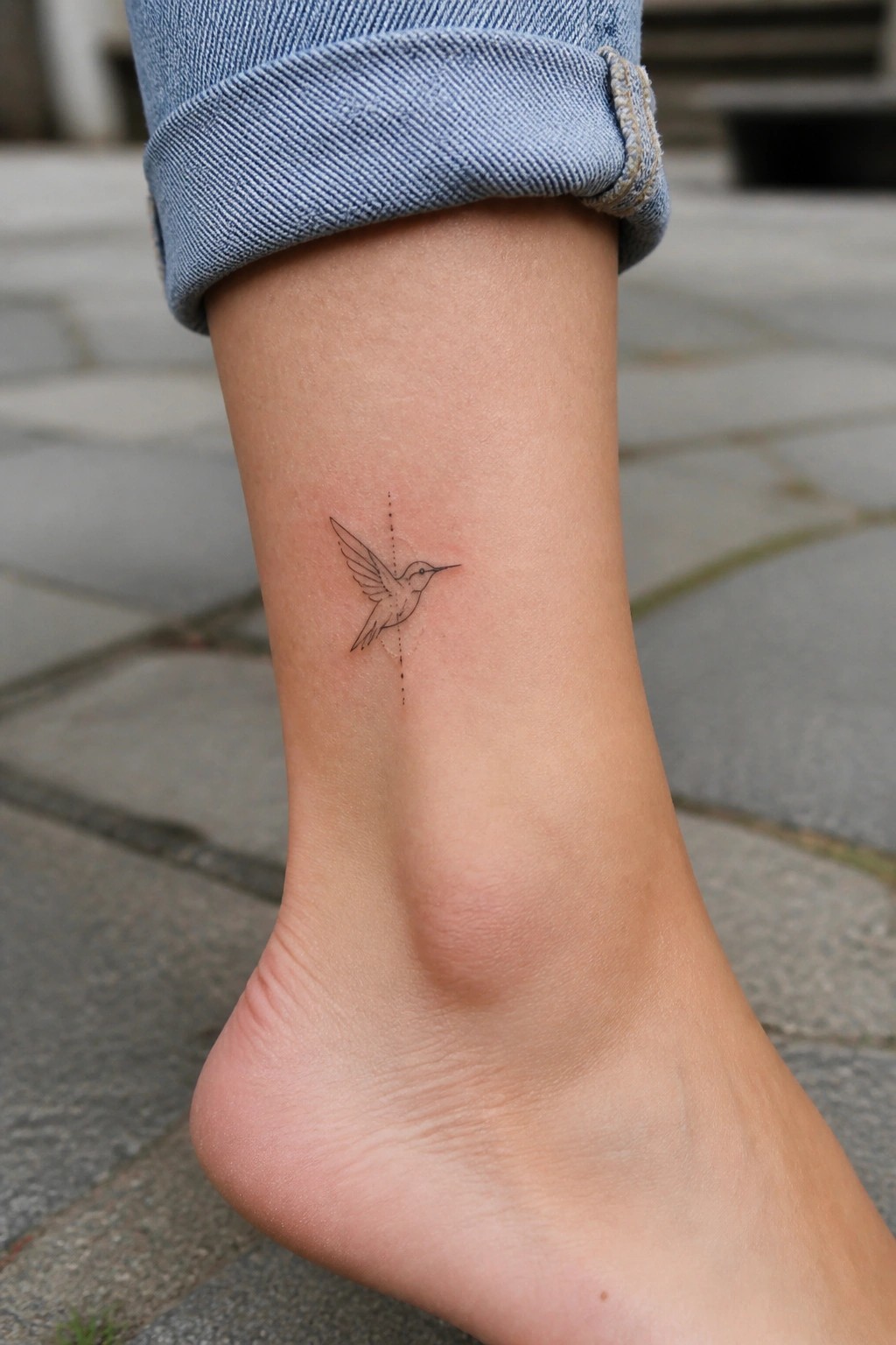 Hummingbird tattoo on ankle below rolled-up blue jeans and bare foot