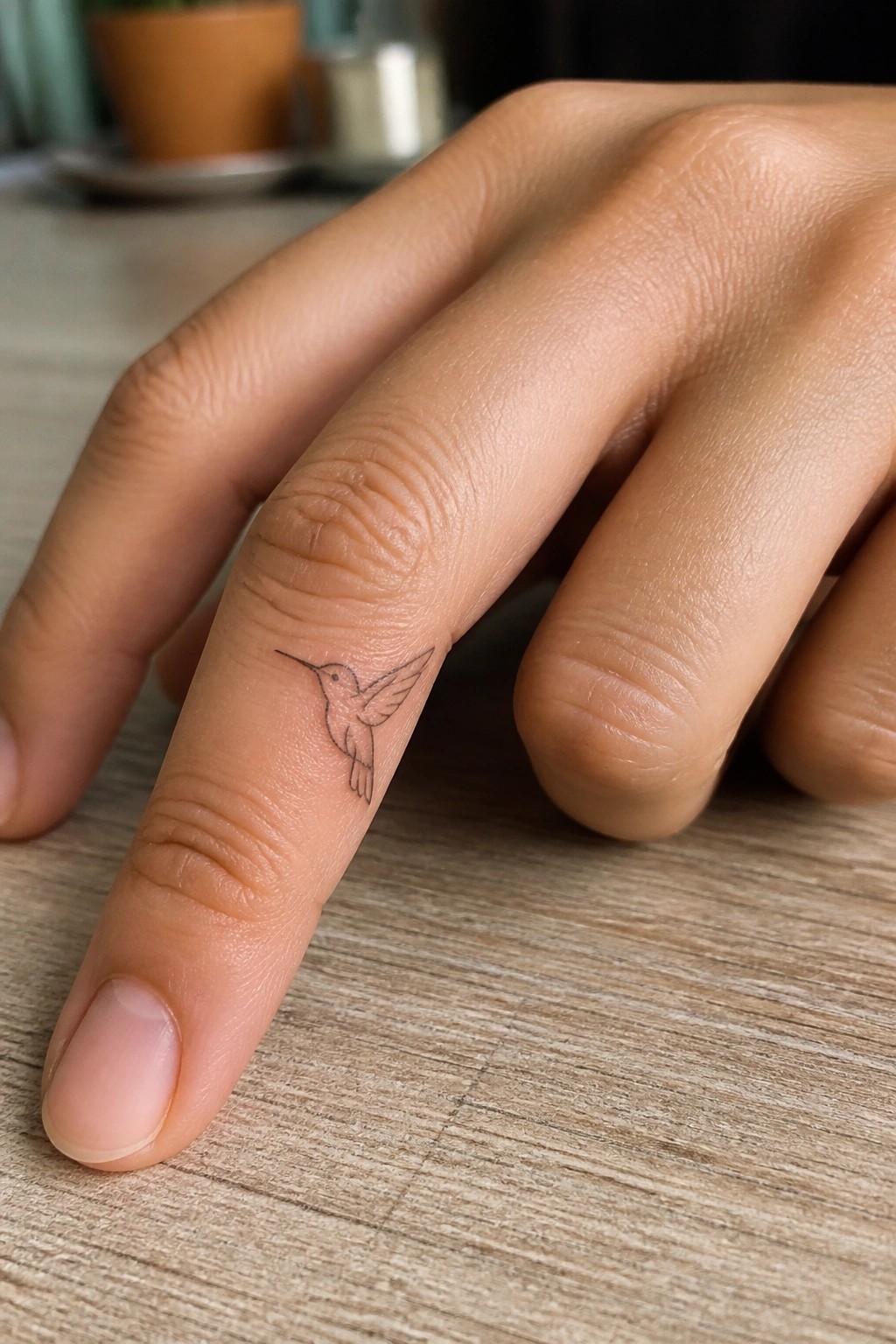 Hand with small hummingbird tattoo on index finger resting on wood